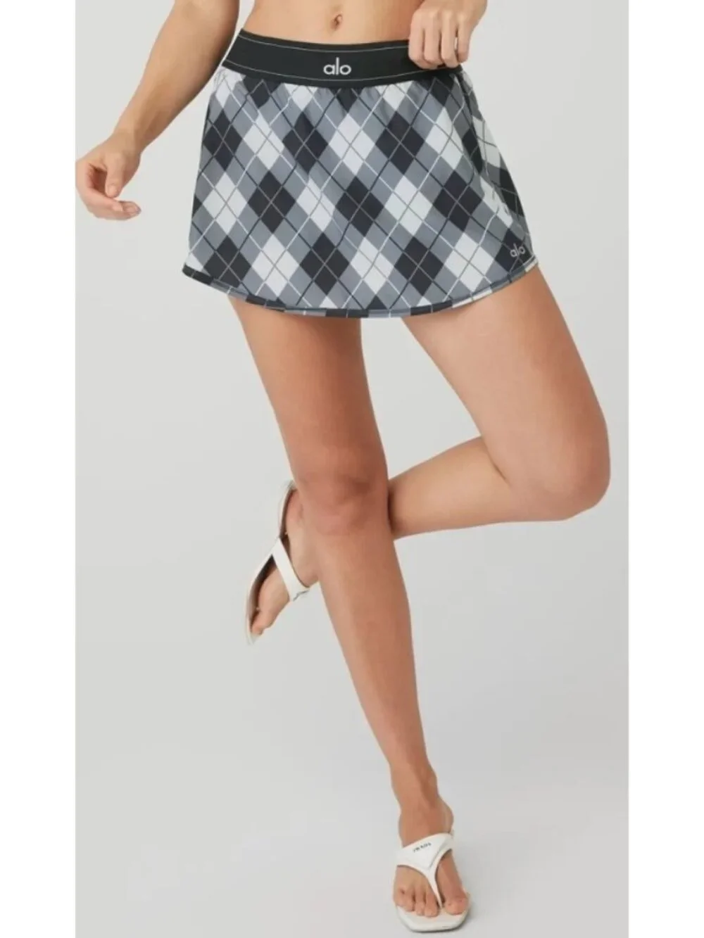 Alo Argyle Match Point Tennis Skirt Black Anthracite Plaid Sports Shorts Skort